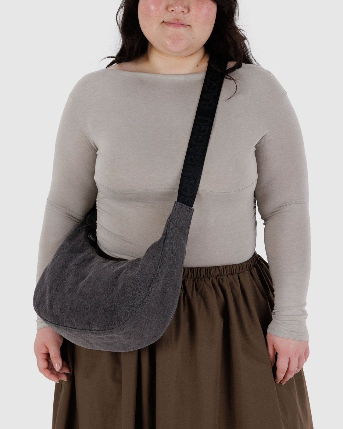 Medium Denim Crescent Bag - Washed Black Denim - Travel Utility Tote
